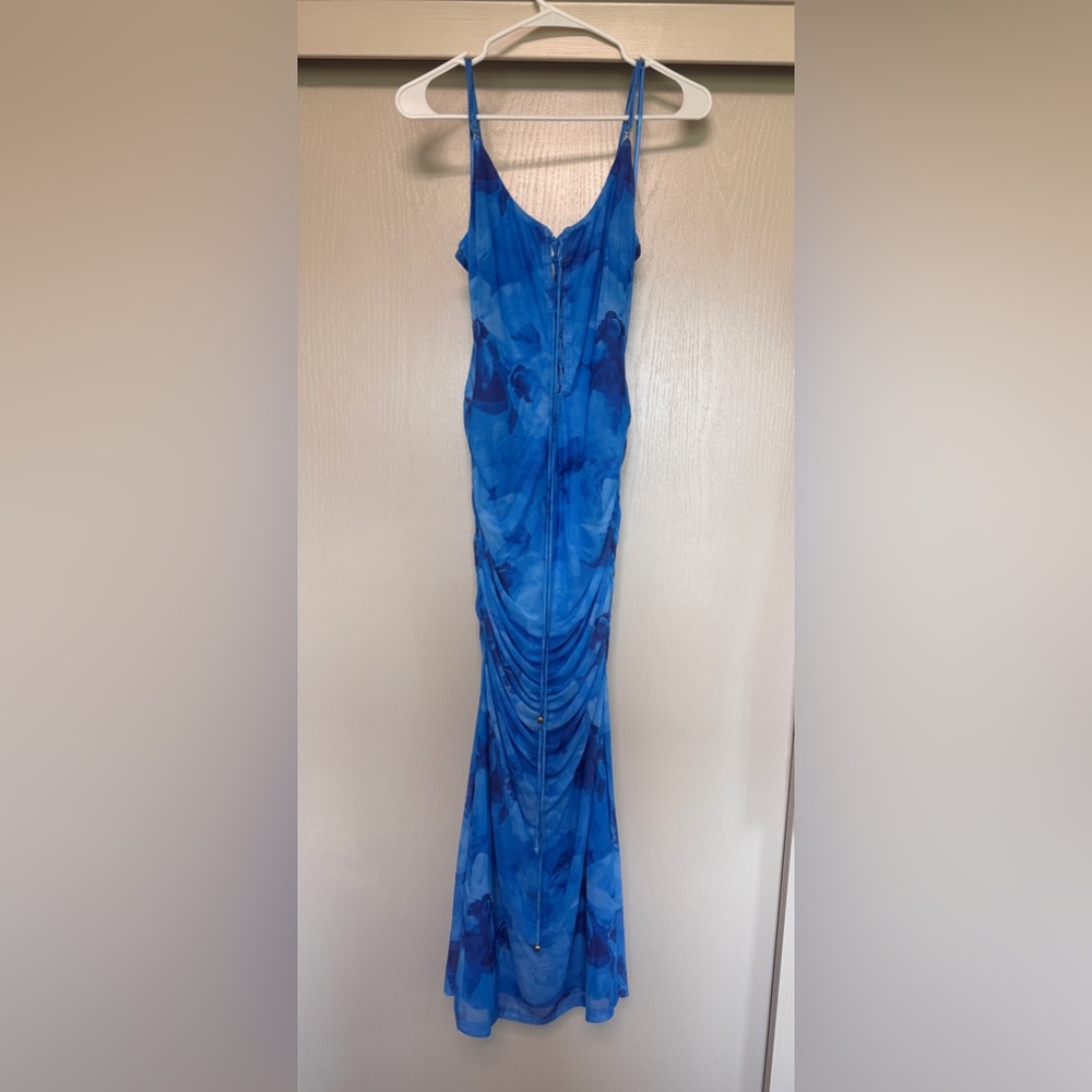 Blue Ruched Maxi Slip Dress with Adjustable Straps